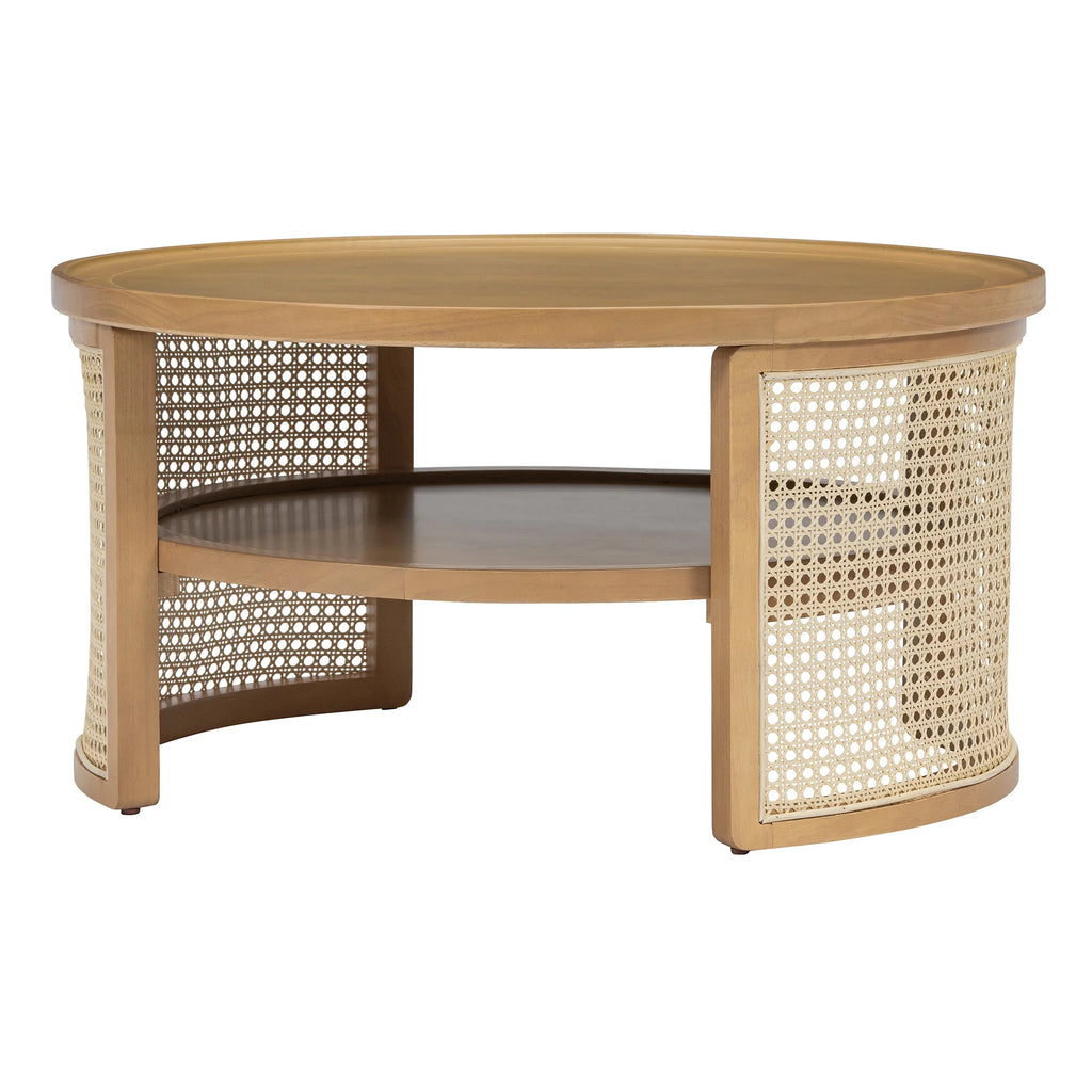 Harper & Bright Designs Rattan Round Coffee Table with Storage Shelf, Round Cane Wood Center Table for Living Room, 37'' Brown