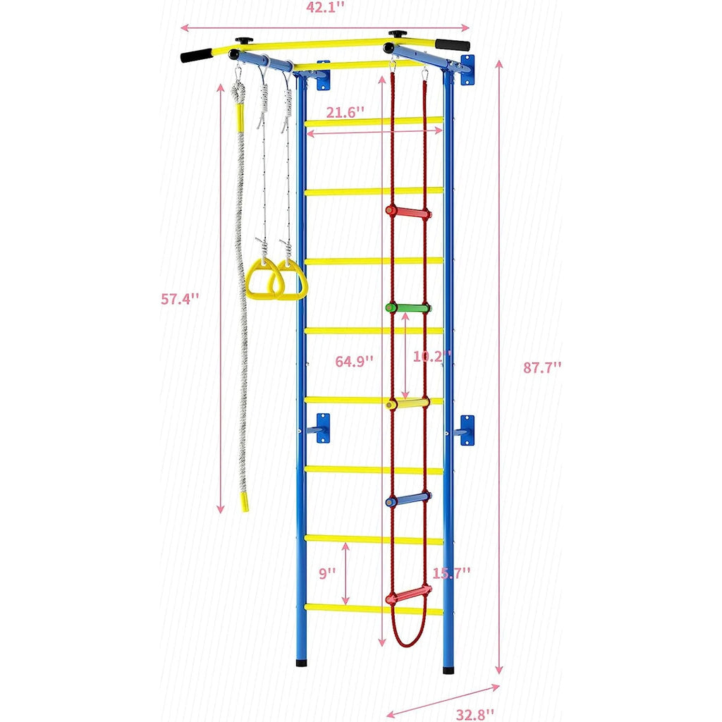 Cuoote 5 in-1 Metal Wall Ladder Stall Bars Set, Indoor Kids Gym for Exercise, Ladder Wall Set with Wall Ladder, Pull-up Bar, Climbing Rope, Gymnastic Rings, Kids Climbing Toys for Boys Girls