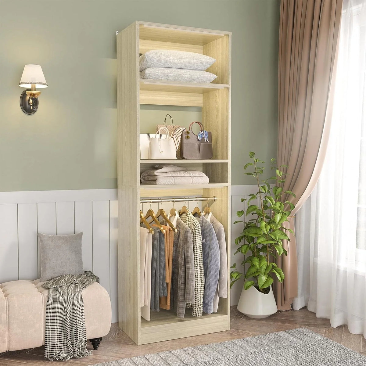 Homieasy 25 Closet System, Freestanding Closet Organizer Wardrobe with Hanging Rods and Shelves, Adjustable Clothes Garment Rack, Sturdy Walk in Closet Tower, White