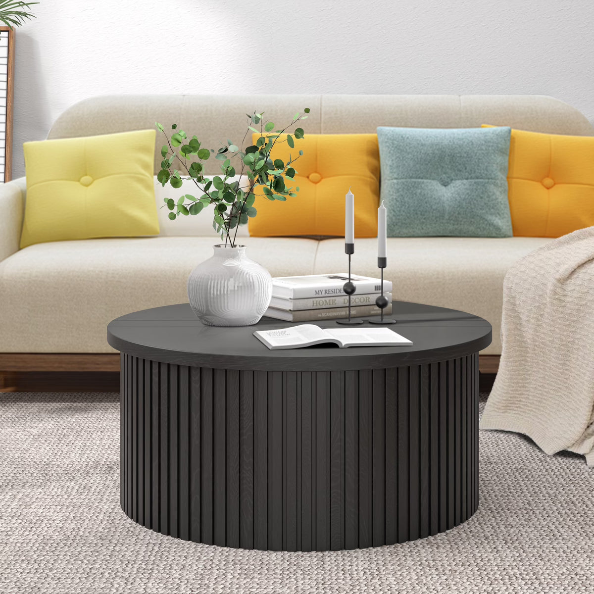 Oubayajia Round Coffee Table with Storage, Wood Lift Top Coffee Table, Waveform Panel, Natural