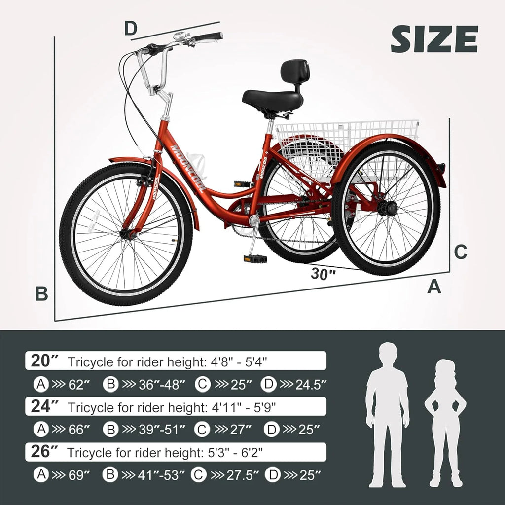 FICISOG 7 Speed Adult Tricycle for Women, 20/24/26 Inch Adult Trike with Basket, 3 Wheel Bikes for Adults Seniors, Cruise Trike for Shopping Picnic