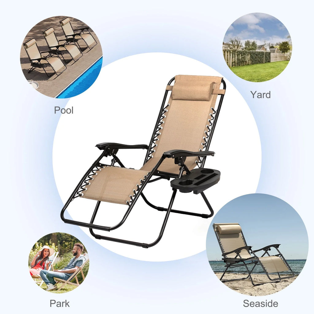 Nazhura Set of 2 Relaxing Recliners Patio Chairs Adjustable Steel Mesh Zero Gravity Lounge Chair Recliners with Pillow and Cup Holder (Khaki)