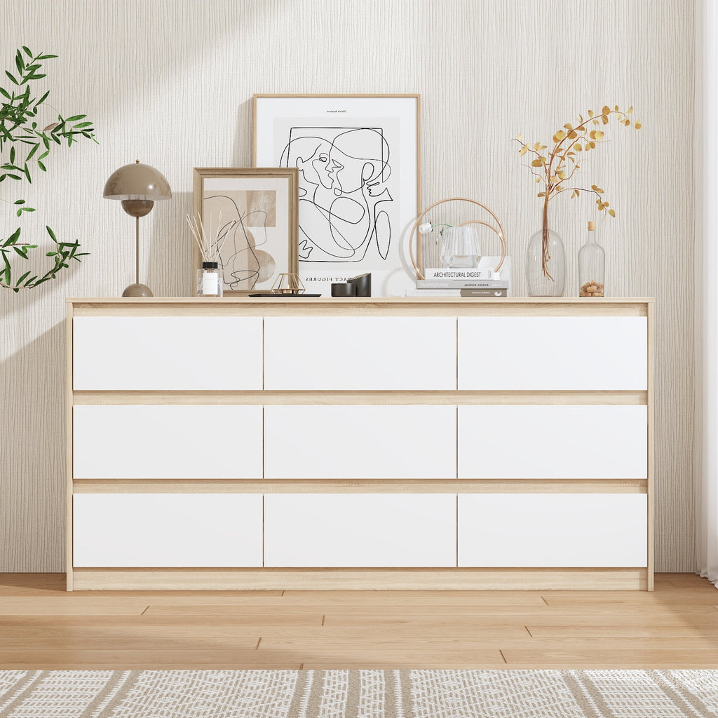 KULAGAGA 9 Drawer Dresser Chest of Drawers, 63 Wide Dressers, Modern Wood Drawer Chest Storage Organizer, No Handle Design for Bedroom Living Room Hallway, White
