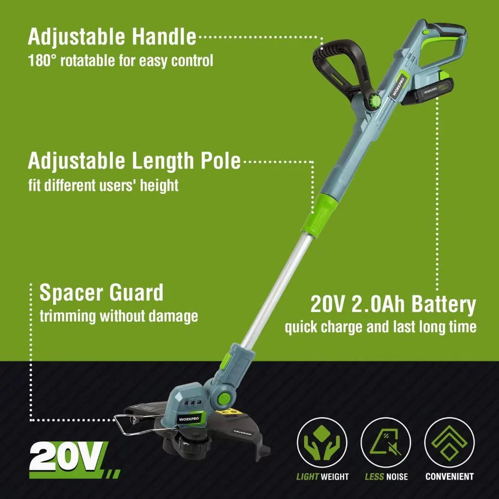 WORKPRO 20V Cordless String Trimmer/Edger, 12-inch, Power Tool with 2Ah Lithium-Ion Battery, 1 Hour Quick Charger, 16.4ft Trimmer Line Included