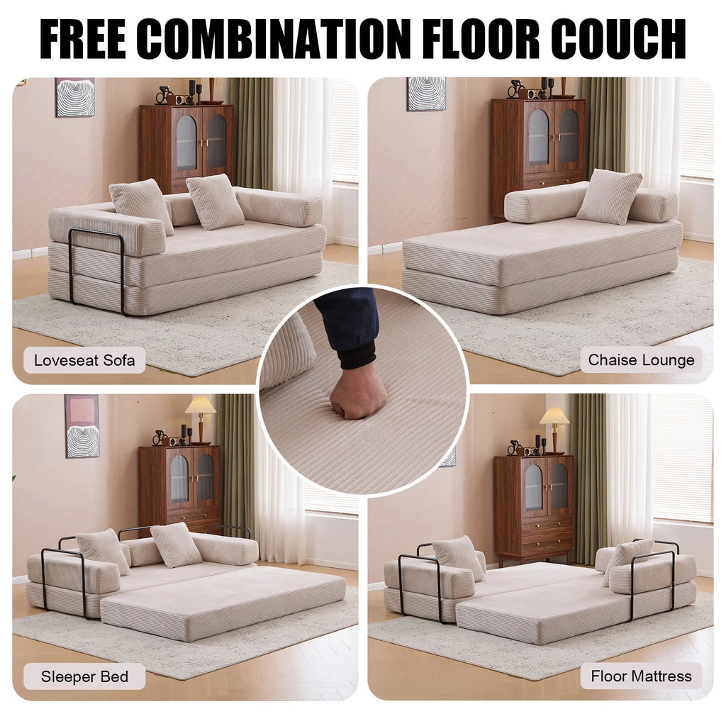 Taicans Convertible Floor Sofa Bed - 3 Seats Foldable Corduroy Futon Couch w/Pillow Support,Space-Saving Guest Bed for Living Room,Dorm,No Assembly Compressible Foam Mattress (Gray,76.7Inch L)