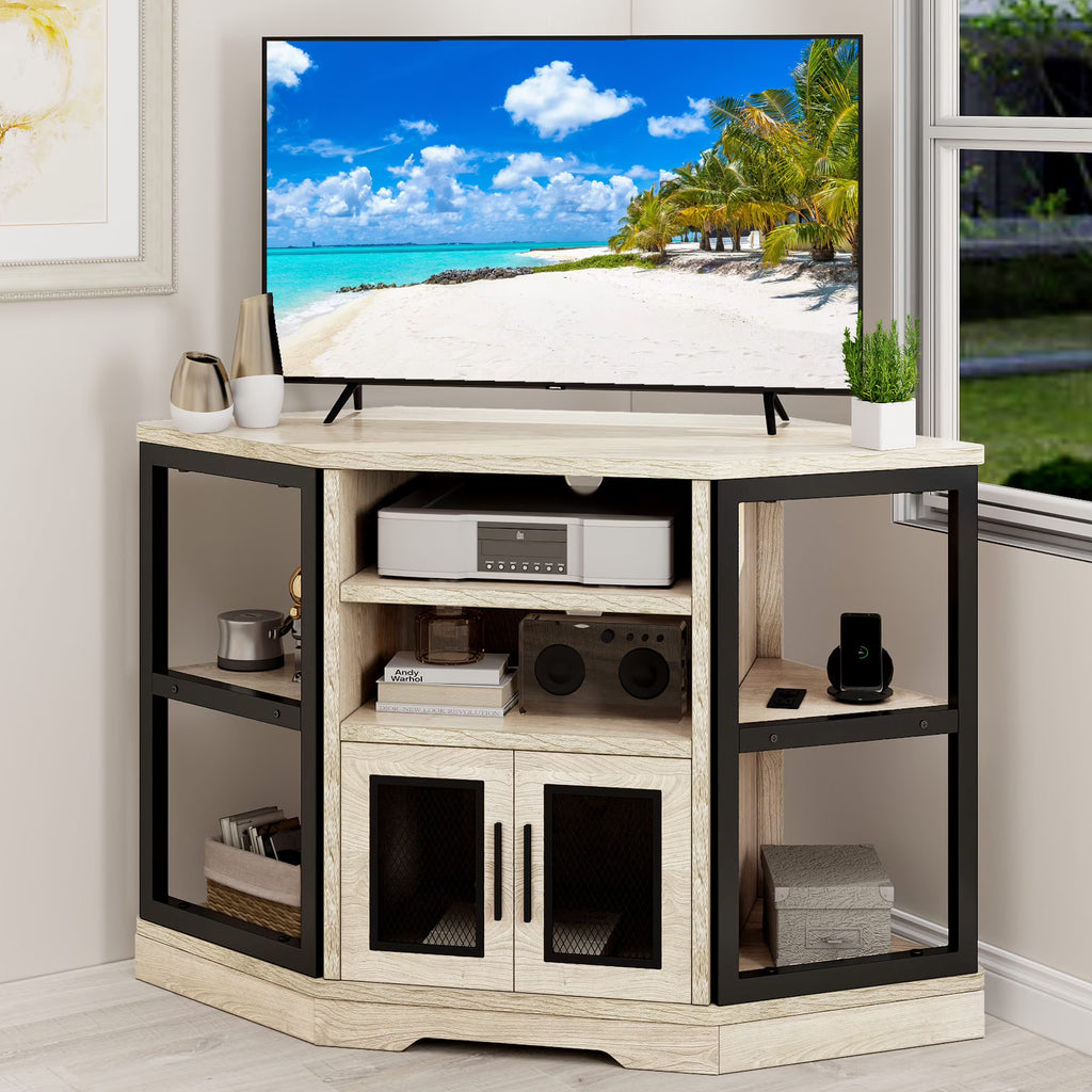 Dextrus Farmhouse Corner TV Stand for TVs up to 55 inch with Power Outlet, Wood Entertainment Center, TV Media Console with Storage, White Oak