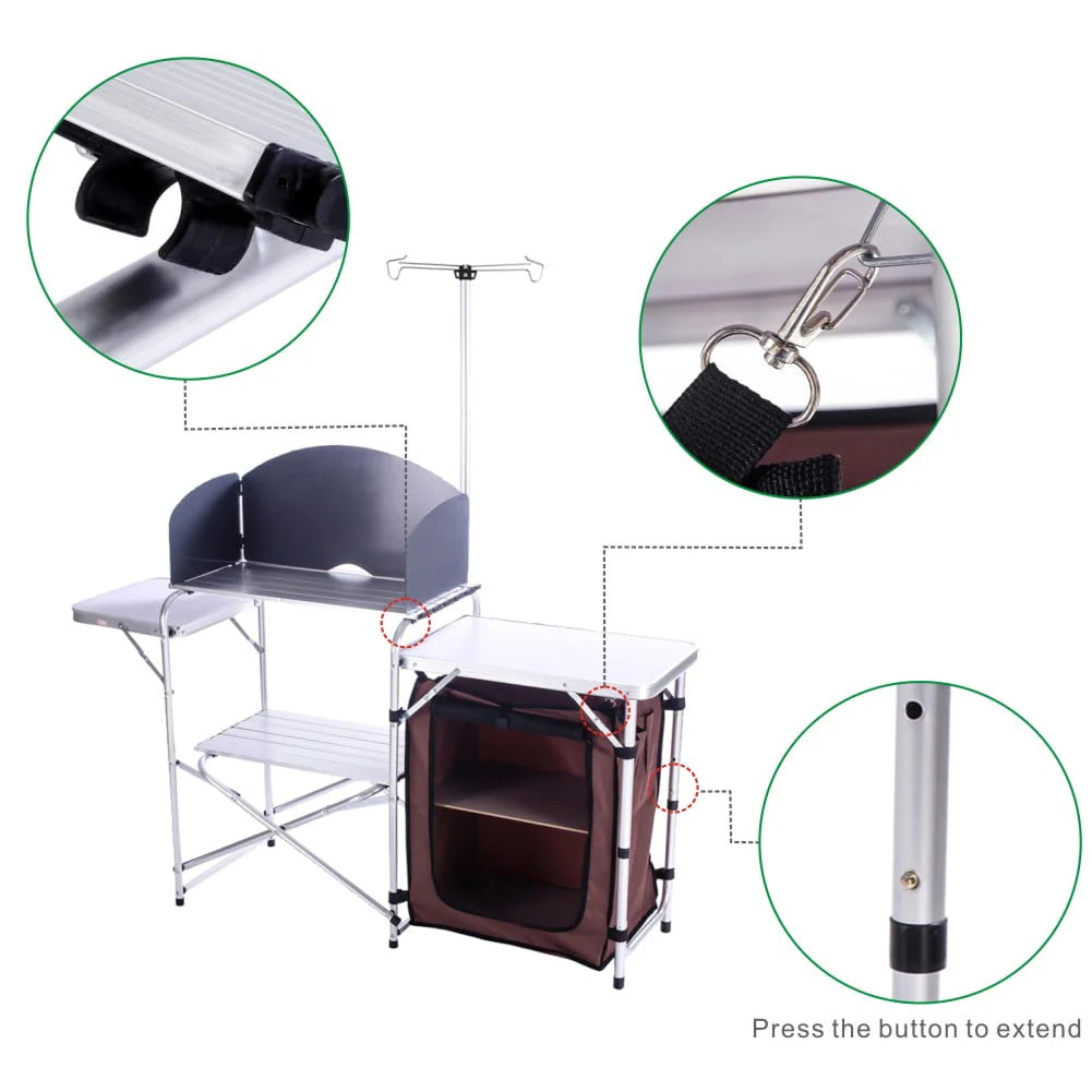 Folding Cooking Table Outdoor Portable Cook Station Aluminum Camping Kitchen with Storage Organizer,Silver