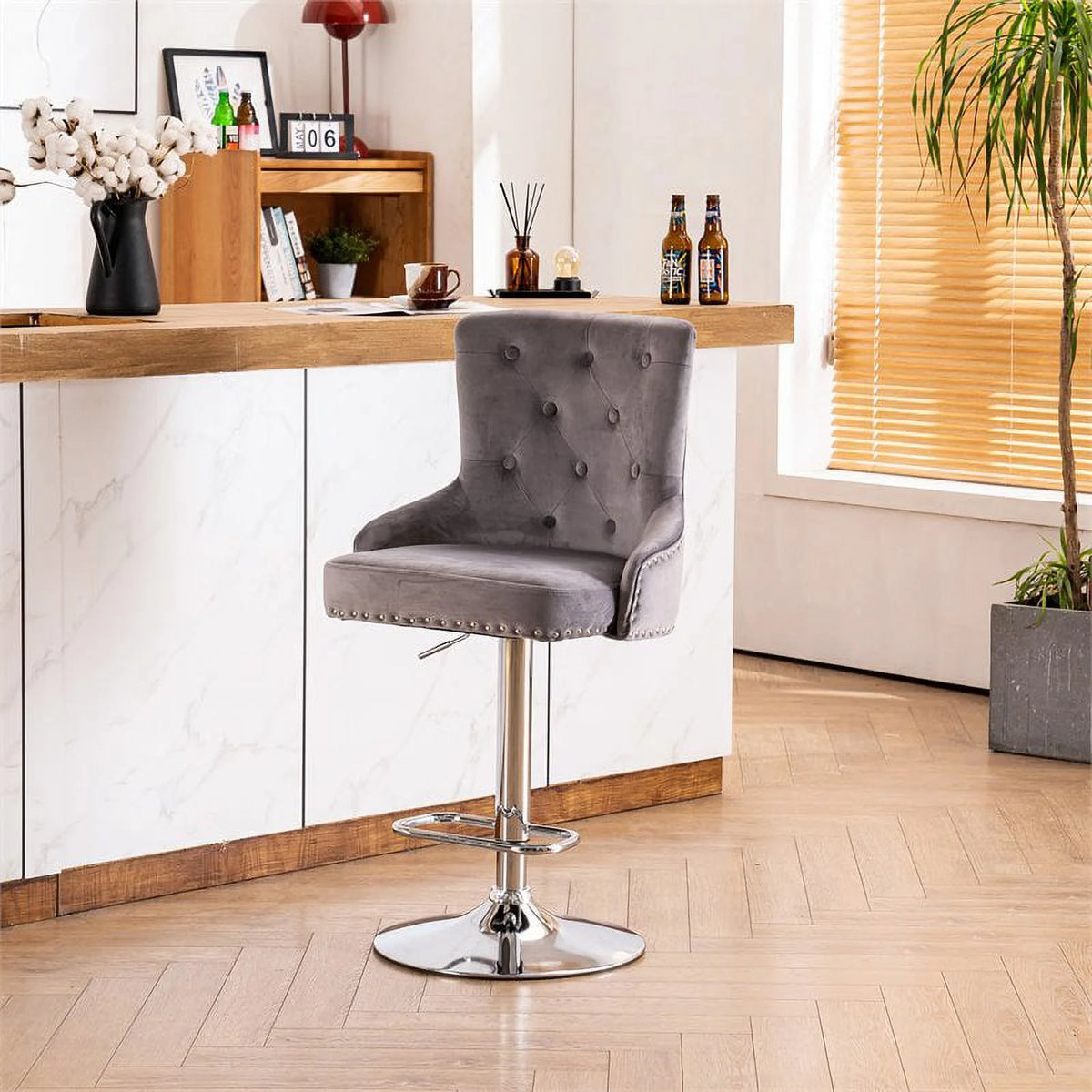 Alexent  2PCS Swivel Bar Stools, High Back, Button Tufted, Silver Footrest and Nailhead Trim Swivel Bar Chairs for Kitchen, Bar Velvet Upholstered Bar Stools, Dark Blue
