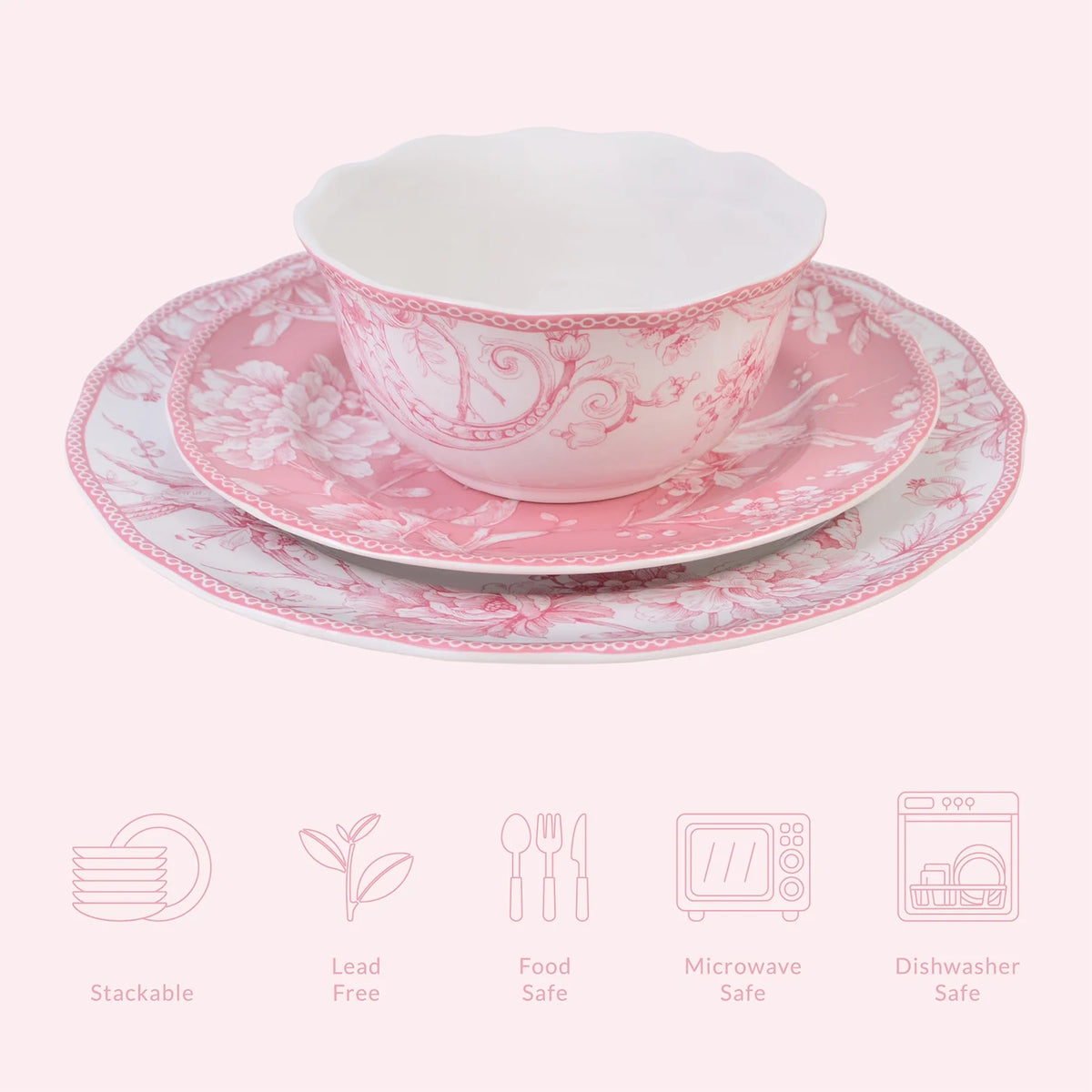 222 Fifth Adelaide Brown on White Porcelain 12 Piece Dinnerware Set, Plates & Bowls, Service for 4