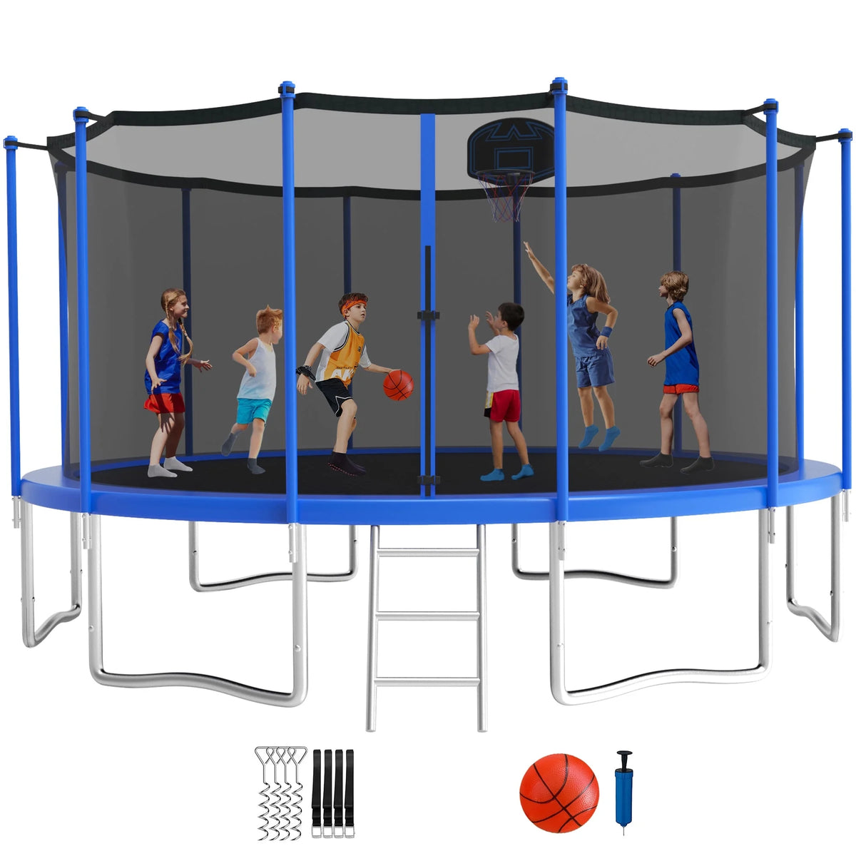 KOFUN Trampoline for Adults and Kids, 16FT 15FT 14FT 12FT 10FT 8FT Trampoline with Basketball Hoop, Enclosure Net, Ladder, Light, Anchor Kits, Heavy Duty Outdoor Backyard Trampolines, Black