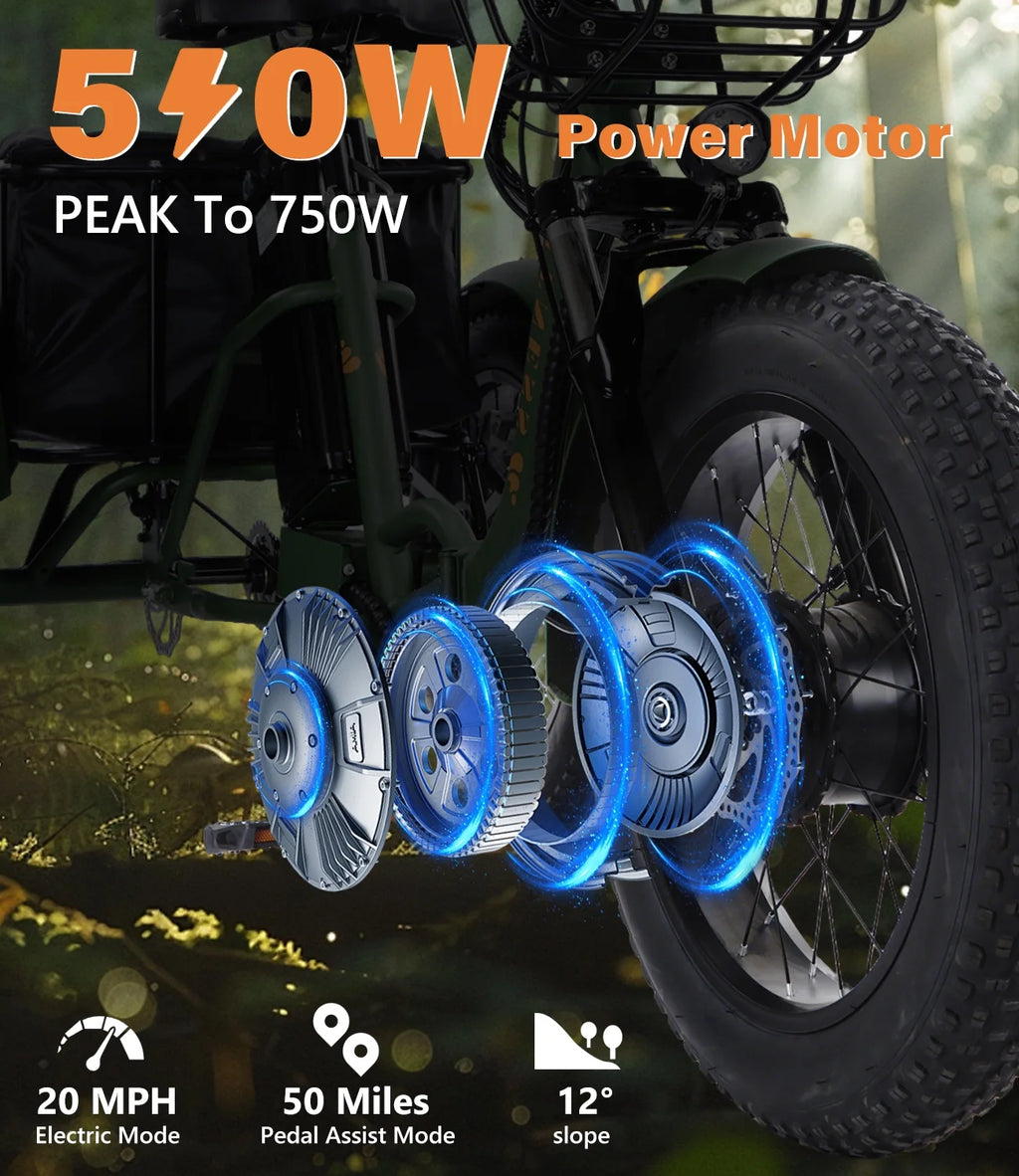 YEBEI Electric Tricycle for Adults Folding E-Trike Motorized Tricycle Electric 3 Wheels Trike Powerful 500W Motor Electric Tricycle 48V15AH Lithium Battery Max 20MPH 20*4.0 Fat Tire Orange