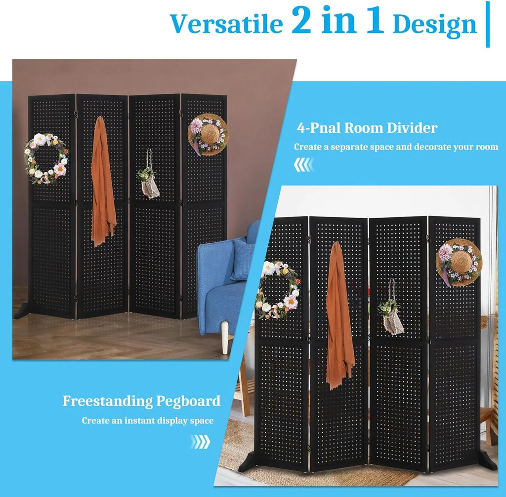 Bonnlo 4 Panel Pegboard Freestanding, 5 FT Portable Display for Craft Show Jewelry, Wooden Folding Room Divider