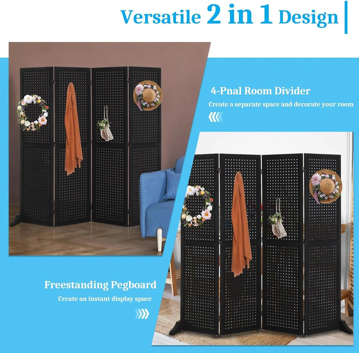 Bonnlo 4 Panel Pegboard Freestanding, 5 FT Portable Display for Craft Show Jewelry, Wooden Folding Room Divider