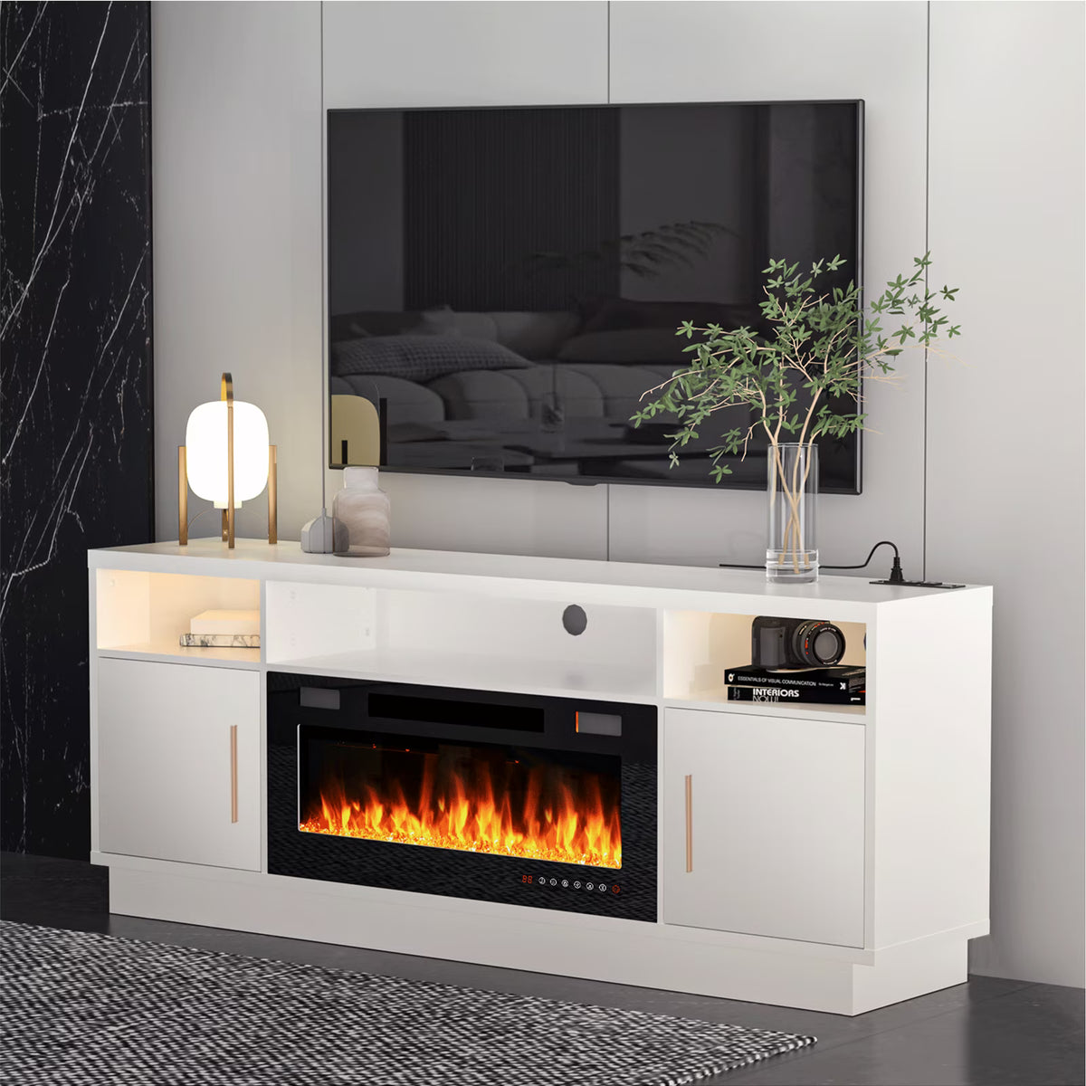 BREEZEHEAT Electric Fireplace TV Stand-70 inch TV Stand with 36" Electric Fireplace-Living Room Tv Cabinet with Storage for TVs Up to 80"-Led Entertainment Center Modern Media Console (Black)