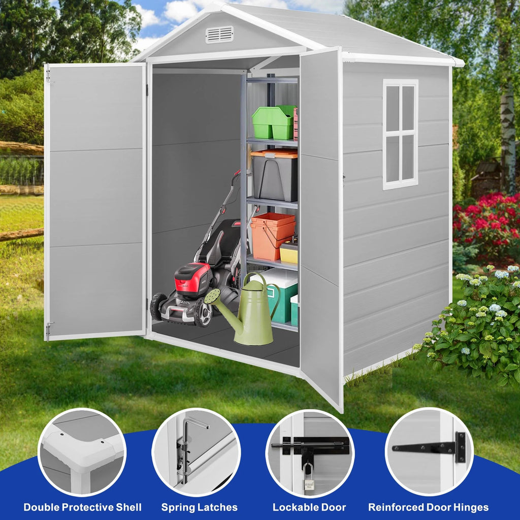 Outdoor Shed & Storage, Seizeen All-Weather Plastic Sheds 82'' H, Sloped Top Garden Shed with Window, Heavy-Duty Resin Outdoor Storage W/Floor, Gray