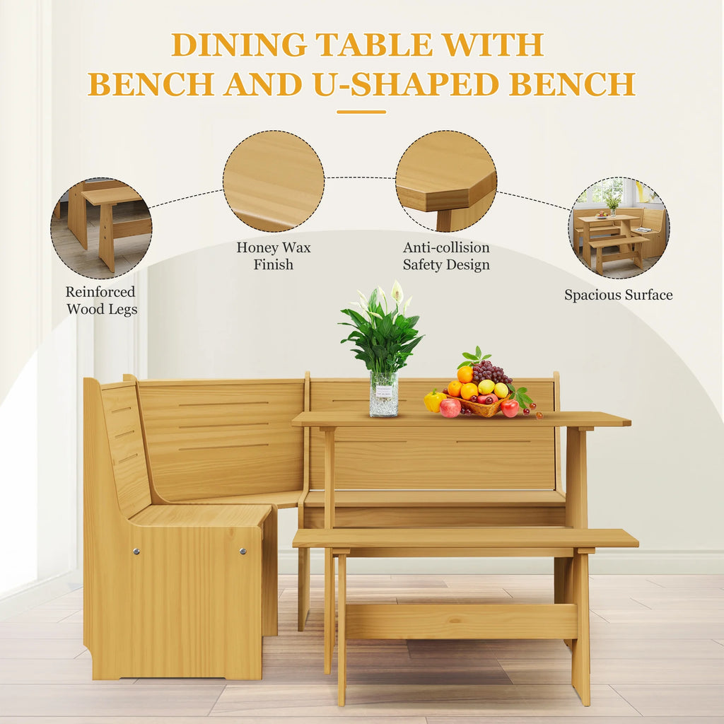 Breakfast Nook Kitchen Corner Dining Table Bench Chair Set, Space-Saving 3-4 Seat L-Shape Farmhouse Mid Century Modern Style for Family Home Black Wood