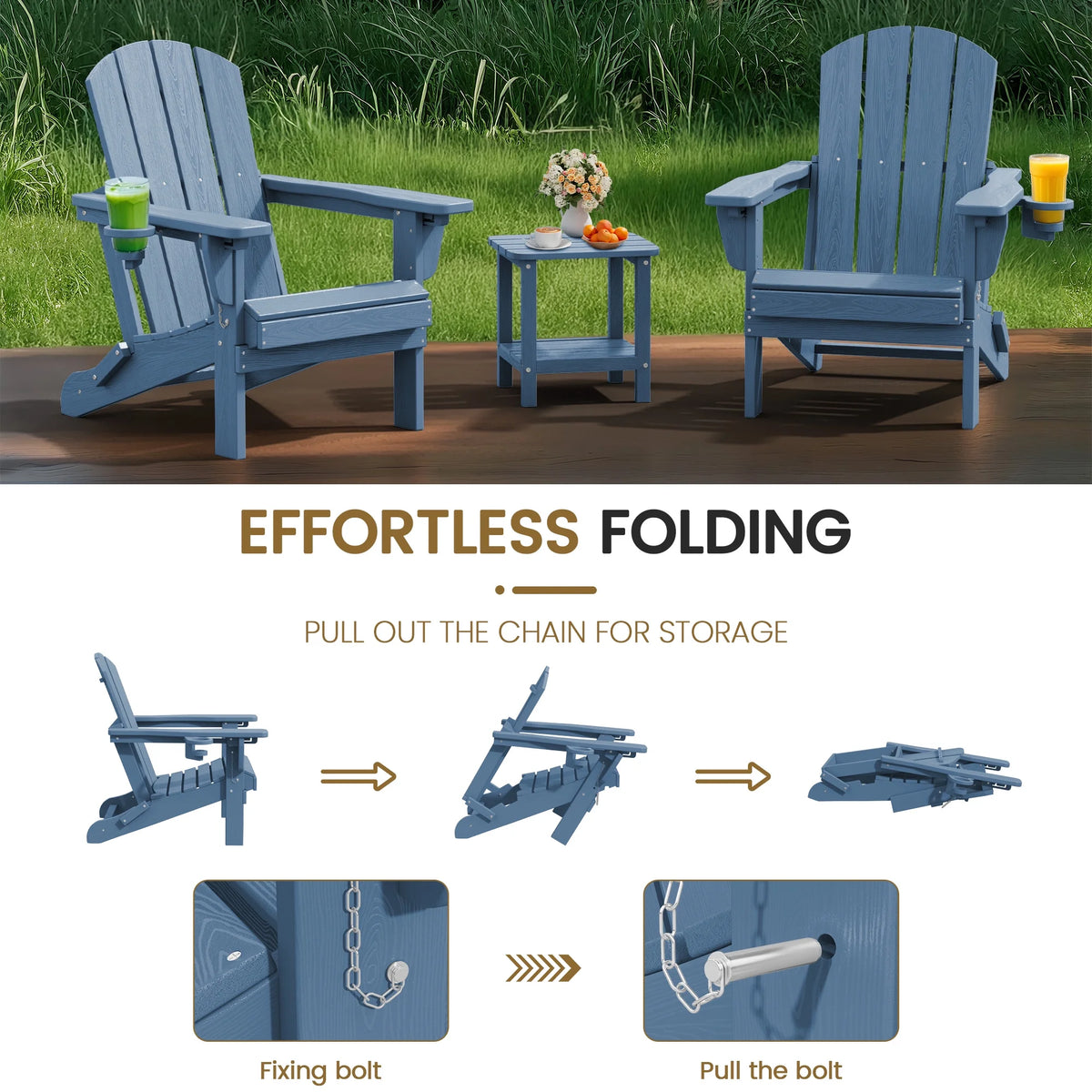 SERWALL Outdoor Adjustable Folding HDPE Adirondack Chairs Set of 2 with Cup Holder, Gray