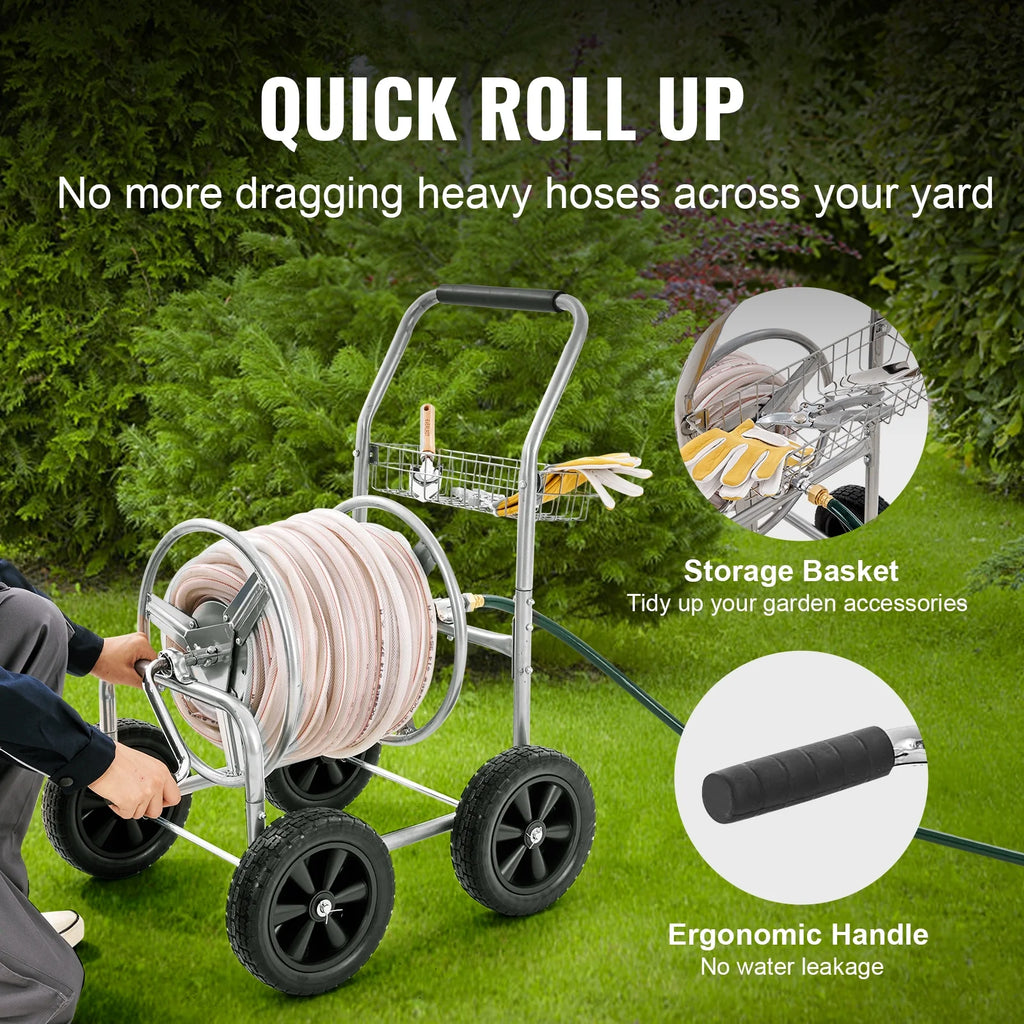 VEVOR Hose Reel Cart, Hold Up to 250 ft of 5/8 Hose, Garden Water Hose Carts Mobile Tools with 4 Wheels, Heavy Duty Powder-coated Steel Outdoor Planting with Storage Basket, for Garden, Yard, Lawn