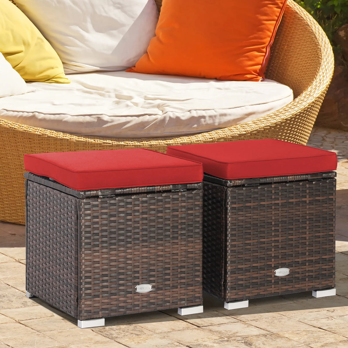 Costway 2PC Patio Rattan Ottoman Seat Side Table Storage Box Footrest Off White