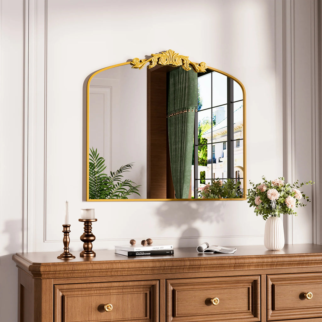 Swafrrt 28x20 inch Gold Arch Mirror, Vintage Lace Wall Mirror, Aluminum Frame, Baroque Gold Lace Bathroom Mirror, Suitable for Wall, Tempered Glass, Can Hung Vertically or Tilted