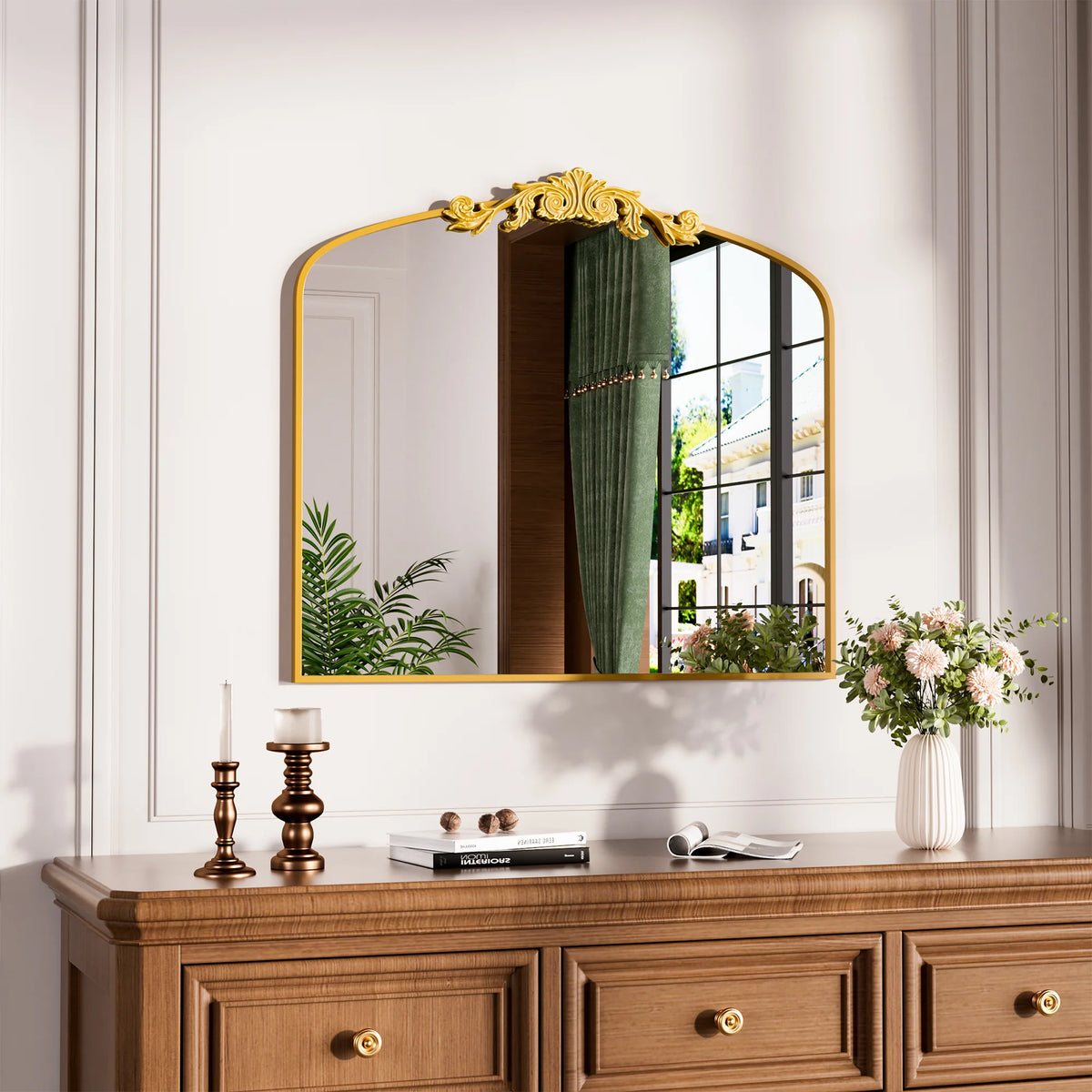 Swafrrt 28x20 inch Gold Arch Mirror, Vintage Lace Wall Mirror, Aluminum Frame, Baroque Gold Lace Bathroom Mirror, Suitable for Wall, Tempered Glass, Can Hung Vertically or Tilted