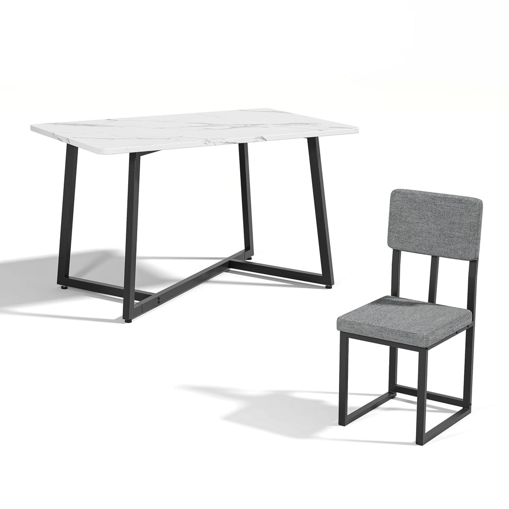 PORKISS Dining Table Set for 4, Kitchen Table Set with Chair for 4 with Faux Marble Table and 4 Linen Upholstered Chairs, Dining Room Set for Kitchen Dining Room Small Space, White + Gray + Black