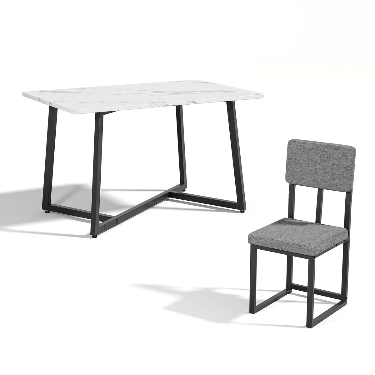 PORKISS Dining Table Set for 4, Kitchen Table Set with Chair for 4 with Faux Marble Table and 4 Linen Upholstered Chairs, Dining Room Set for Kitchen Dining Room Small Space, White + Gray + Black