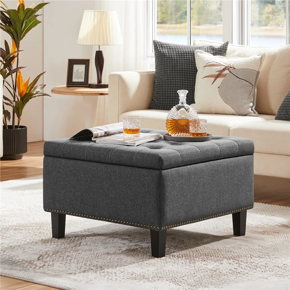 Alden Design Modern Linen-like Storage Ottoman Bench with Button-Tufted for Entryway, Dark Gray
