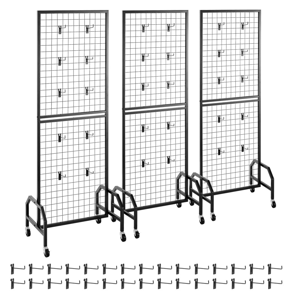 KFFKFF 3-Pack Grid Wall Panels, 1.9 x 5.4 ft Wire Display Racks with Wheels and 30 Hooks, Black Carbon Steel Panels for Craft Fairs, Decoration, Storage, and Message Boards