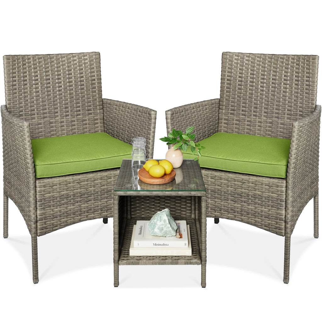 Best Choice Products 3-Piece Outdoor Wicker Conversation Patio Bistro Set, w/ 2 Chairs, Table - Gray/Navy