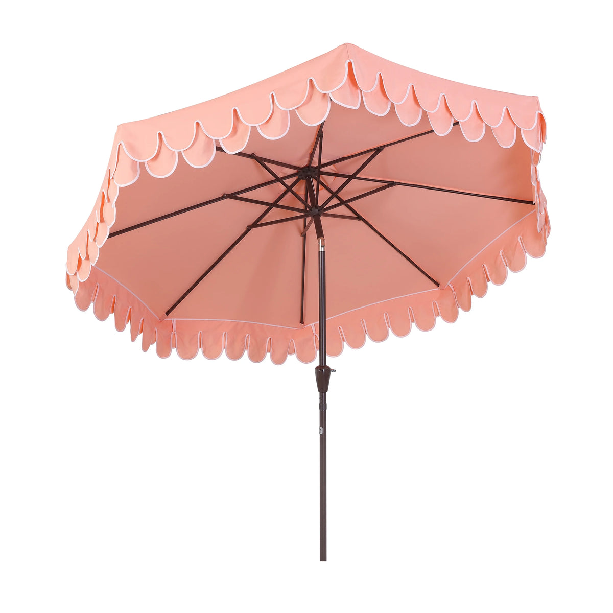 JONATHAN Y Tracy 9 ft. Market Patio Umbrella, Classic Mid-Century Scalloped Fringe, with Auto-Tilt Crank, Wind Vent and UV Protection, Coral Pink/White, Dark Brown Pole