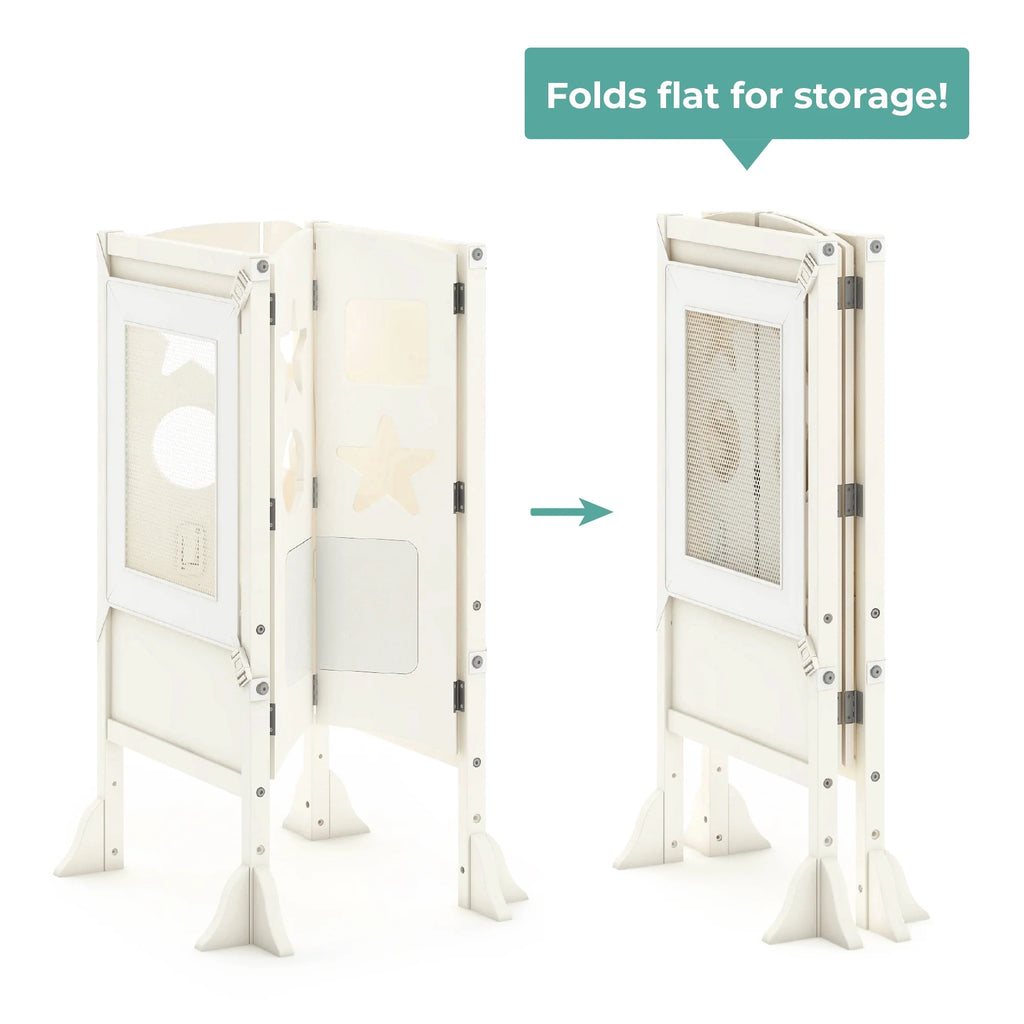 Guidecraft Classic Kitchen Helper Kids' Step Stool - Natural: Foldable and Adjustable Wooden Toddler Tower for Learning with Keeper