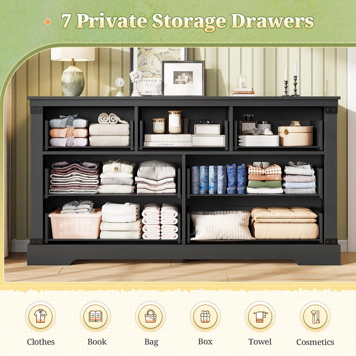 Aunfebrco Black Dresser for Bedroom Farmhouse 7 Drawers Dresser & Chest of Drawers with Thick Styling, Large Clothing Storage Organizer for Living Room