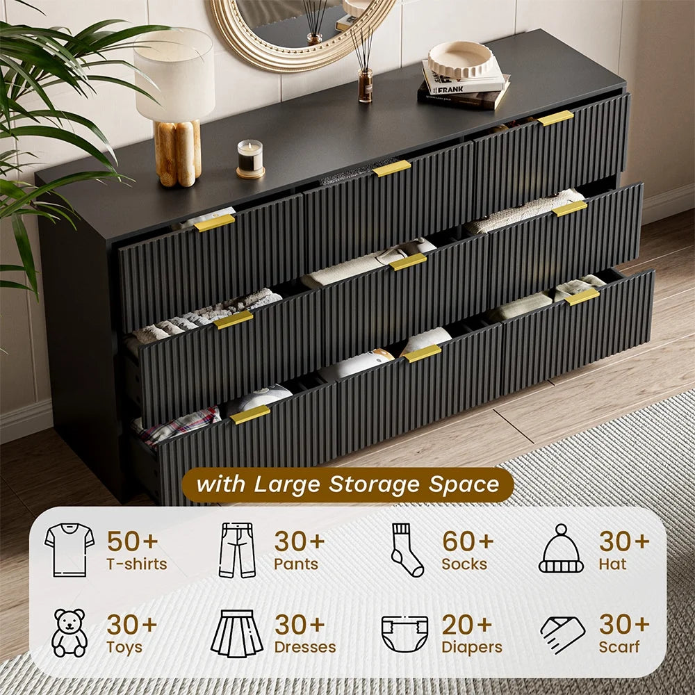 Furniway Fluted Large 9-Drawer Black Dresser
