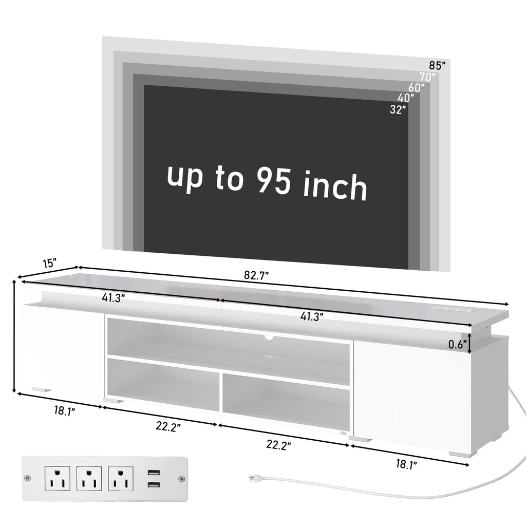LED TV Stand for up to 85" TVs with Power Outlet, 75" Large Entertainment Center Console Table Gaming Soundbar Shelf with 2 Storage Cabinets