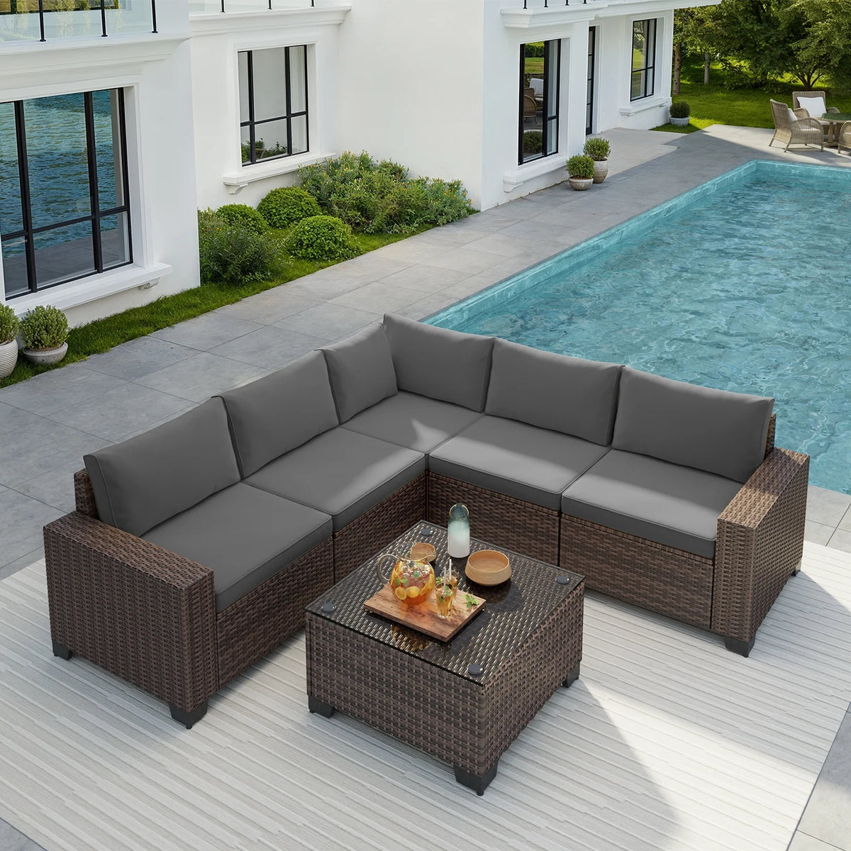 7 Piece Outdoor Patio Furniture Set, Asofer Rattan Wicker Outdoor Conversation Sectional Sofa Set, Gray