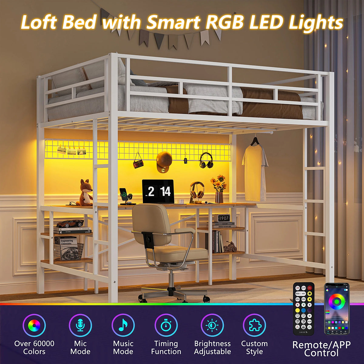 Twin Loft Bed with Desk, UHOMEPRO Metal Loft Bed with LED Lights, Charge Station, DIY Mesh, Clothes Rail, 4 Storage Shelves, Safety Rails and 2 Ladders, Loft Bed for Teen Adult, Black