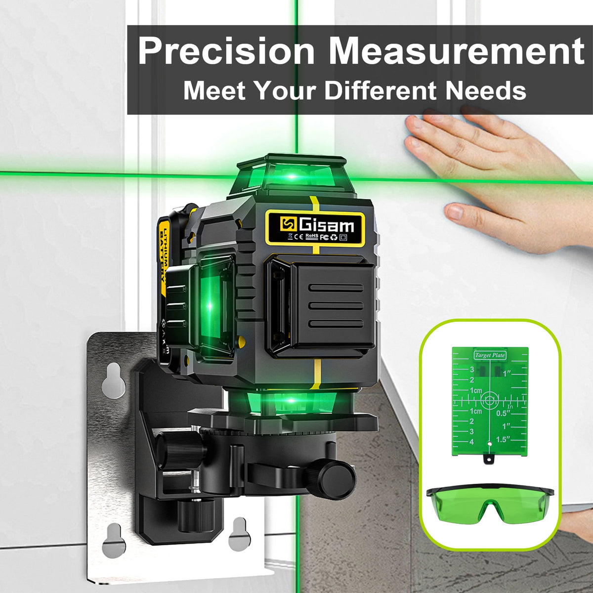 Gisam Laser Level with Tripod , 4x360 Self-Leveling Green Cross Line 4D Laser Tool with Remote Control & 2* 4800mAh Battery