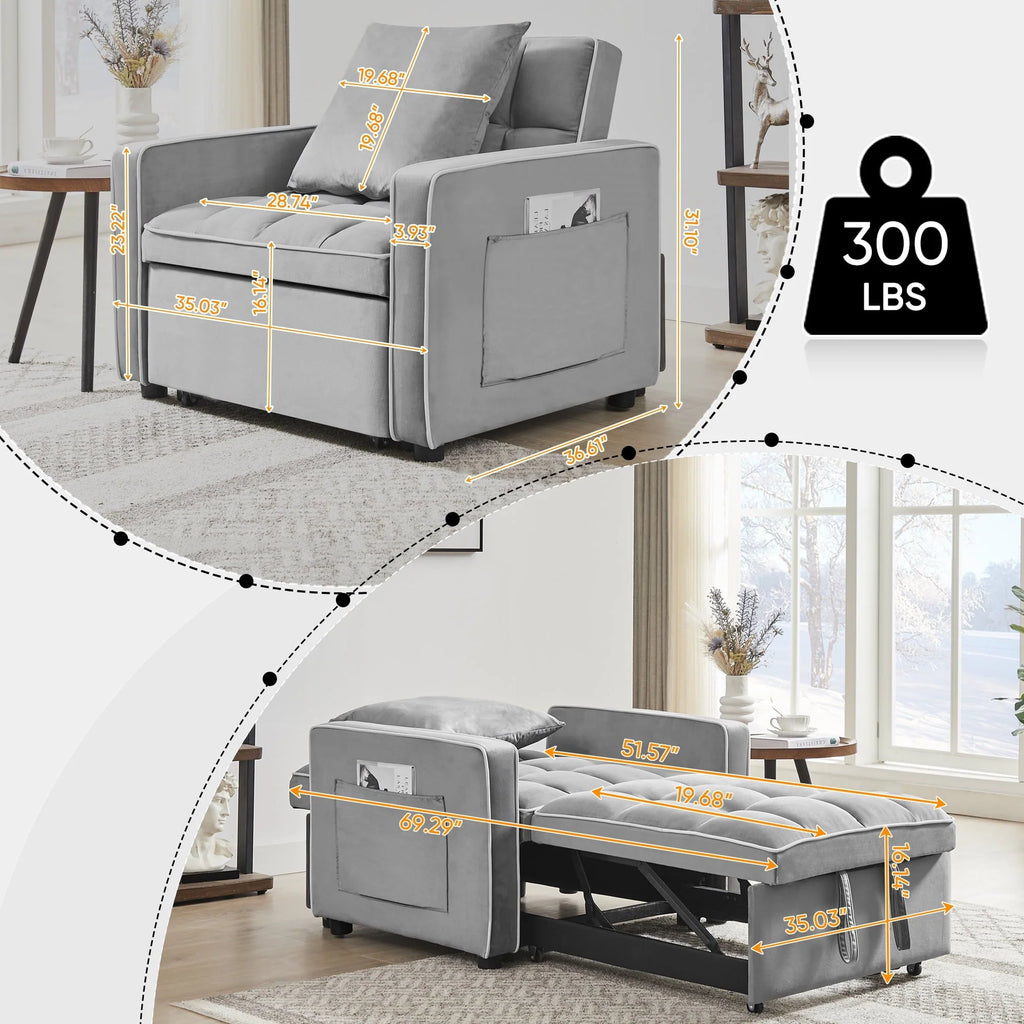 Muumblus Sleeper Sofa Chair Bed, 3-in-1 Convertible Sofa Chair with Pull Out Bed, Modern Adult Velvet Pull Out Sofa Bed for Living Room Apartment Small, Gray