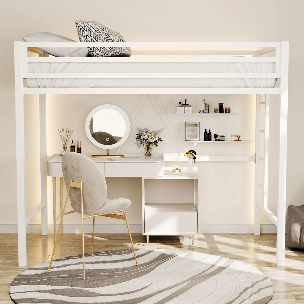 Einfach Metal Twin Size Loft Bed with Removable Ladder & Full-Length Guardrail, White