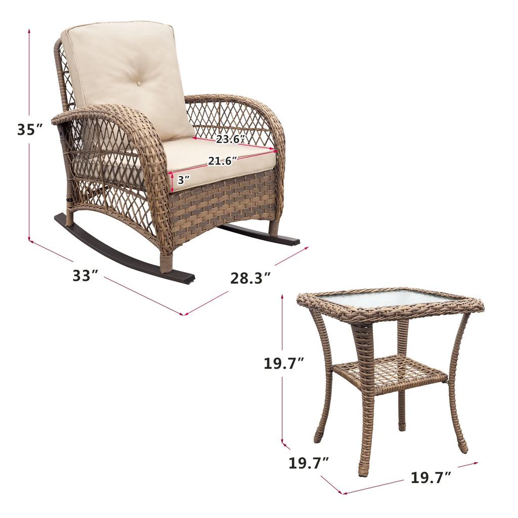 JP Outdoor 3Pcs Outdoor Wicker Rocking Porch Chairs with Coffee Table,Kahki