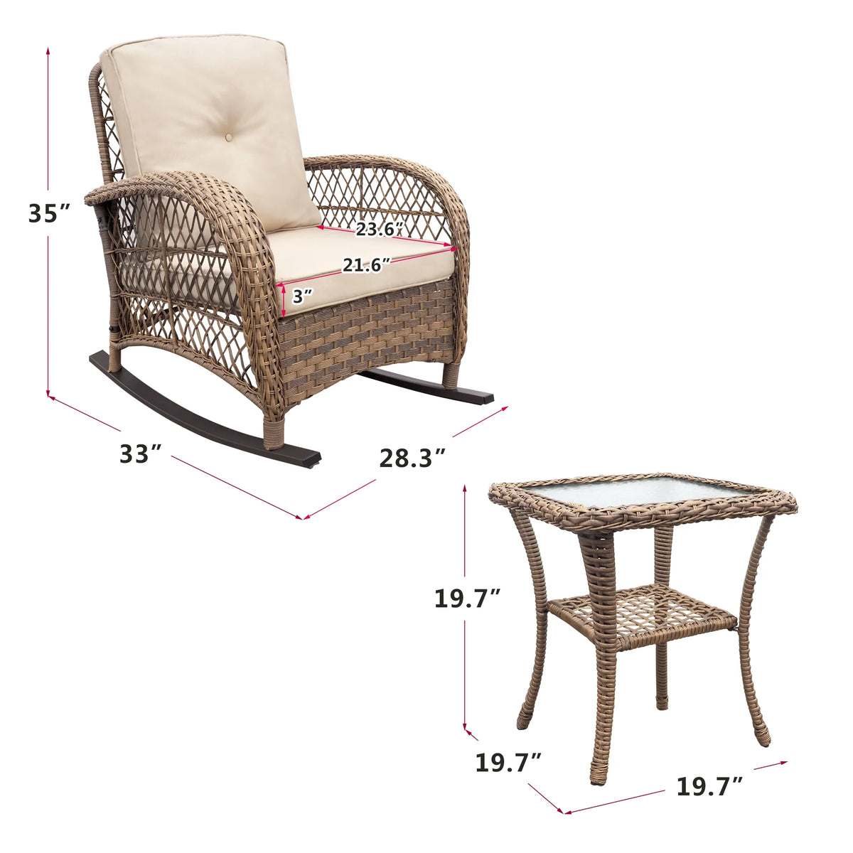 JP Outdoor 3Pcs Outdoor Wicker Rocking Porch Chairs with Coffee Table,Kahki