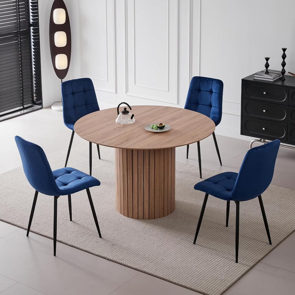 5 Piece Round Dining Table Set - Mid-Century 47 inch Oak Dining Table with 4 Brown Faux Leather Chairs Set, Dinner Table & Chair with Metal Legs for Kitchen Dining Room, Apartment, Bedroom