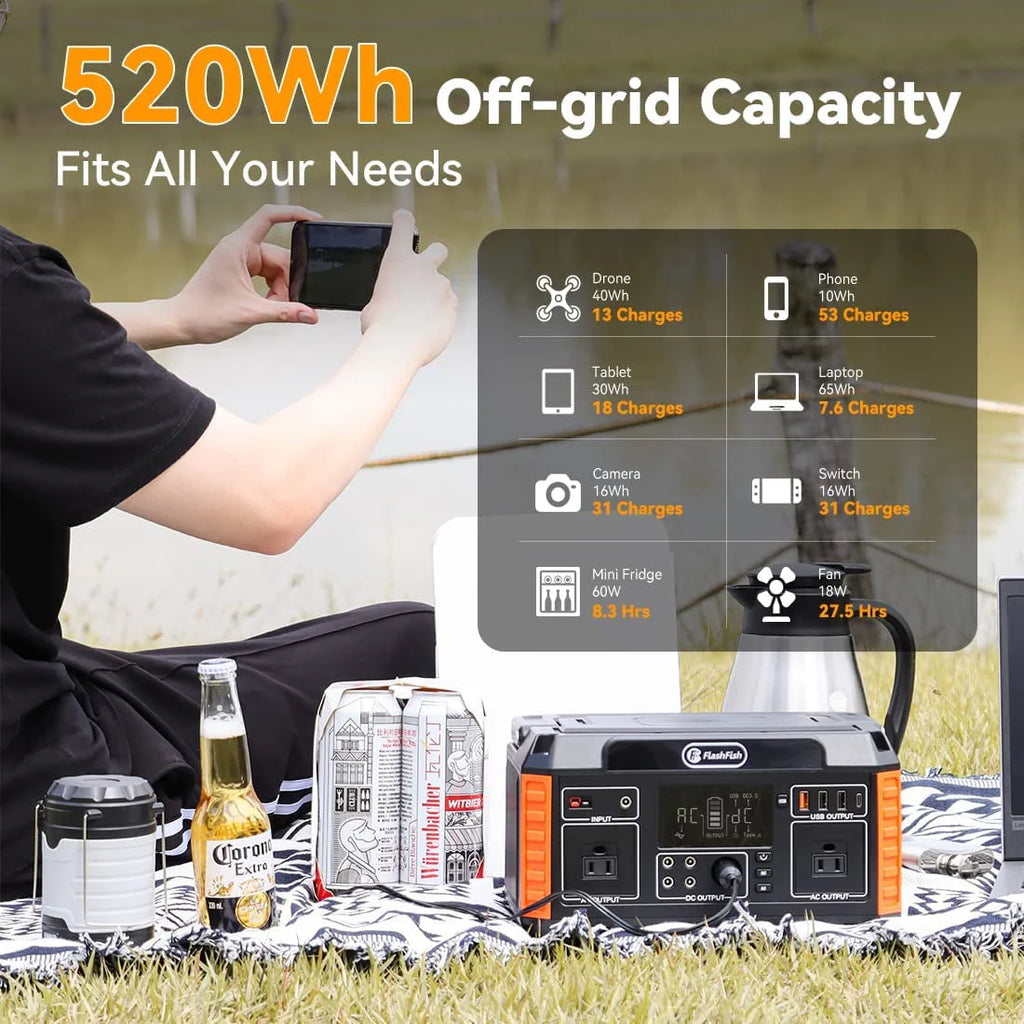 Flashfish 560W Portable Power Station, 520Wh/140400mAh Solar Generator for CPAP Machine Outdoor RV/Van Camping Blackout Emergency