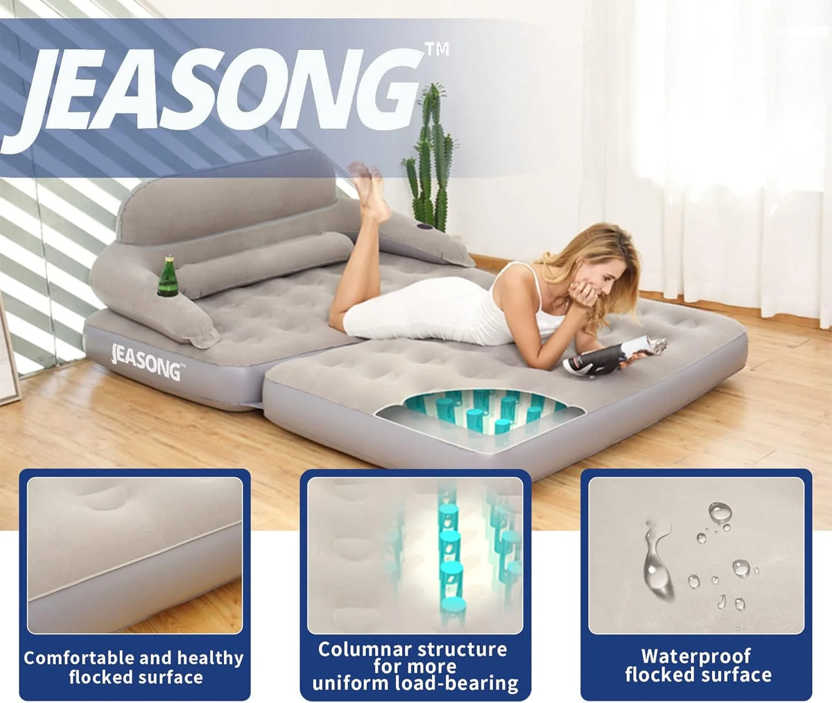 Inflatable Chair Air Couch with Air Pump, Camping Air Mattress Blow Up Inflatable Sofa Bed with Backrest, Multi-Mode Use, Easy to Storage