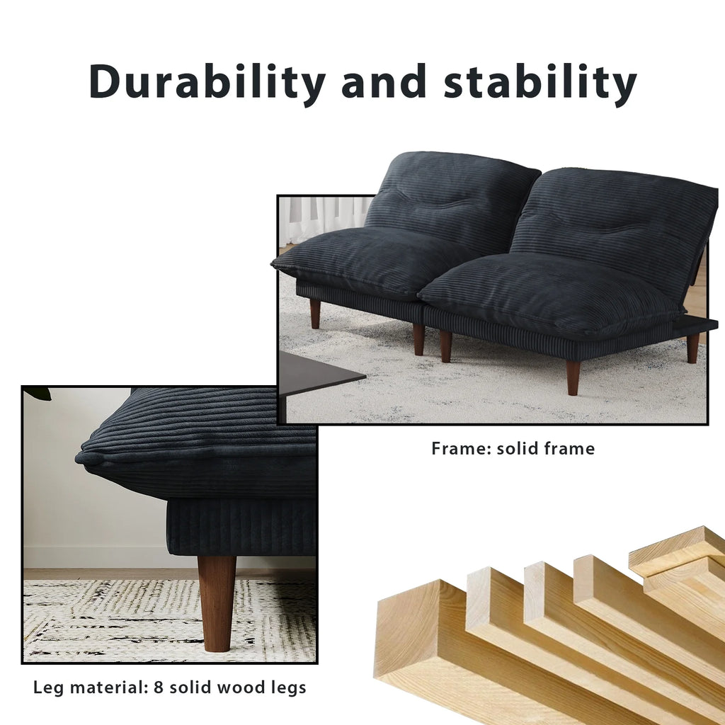 75" 4-in-1 Corduroy Futon Couch - Convertible to Lounger, Tatami & 2 Chairs, 3-Angle Adjustable Backrest, Solid Wood Frame, 300 LBS Capacity,Green