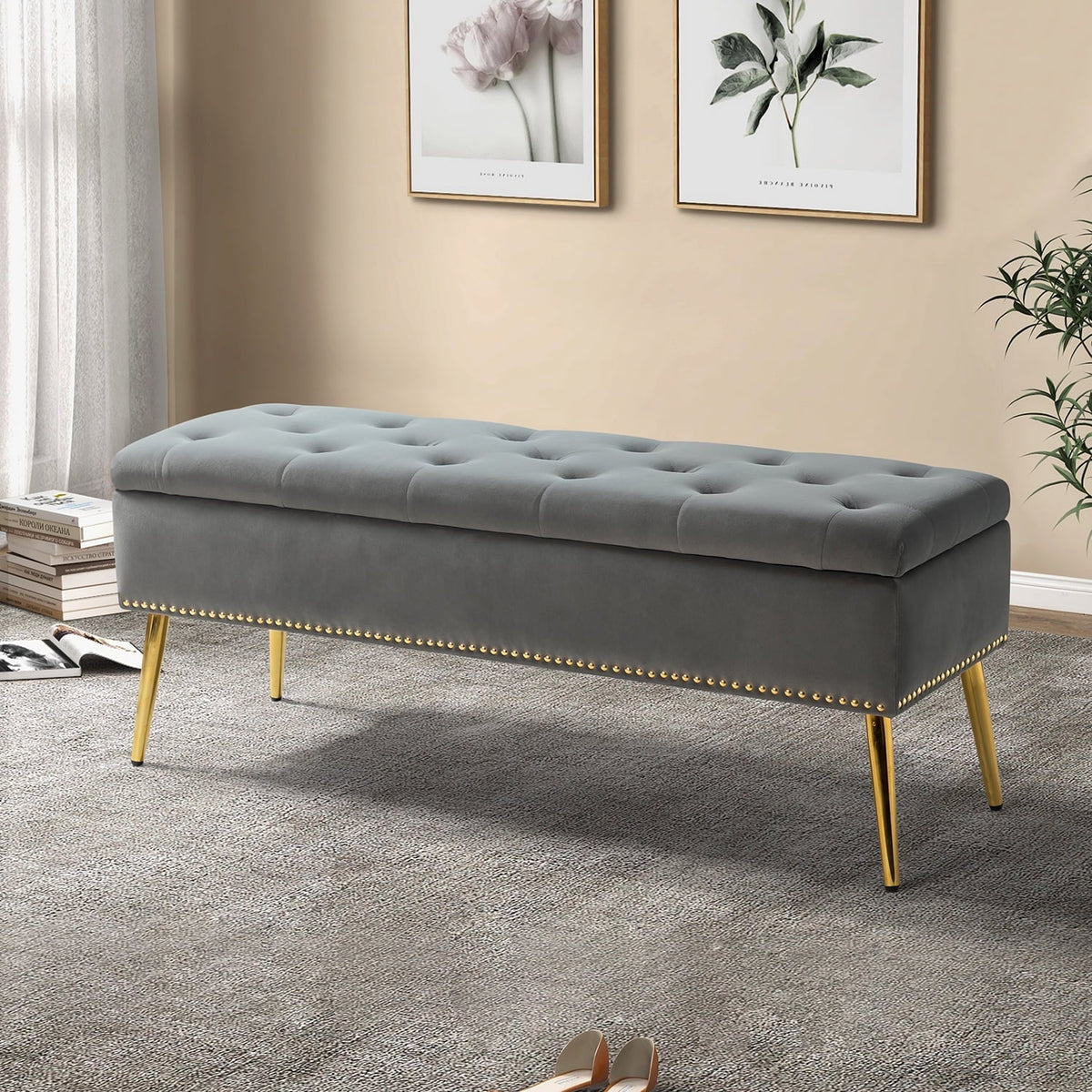 14 Karat Home Velvet Storage Ottoman Bench Gold Leg Upholstered Nailhead Trim Button Tufted Footstool Entryway Bedroom Living Room Pink