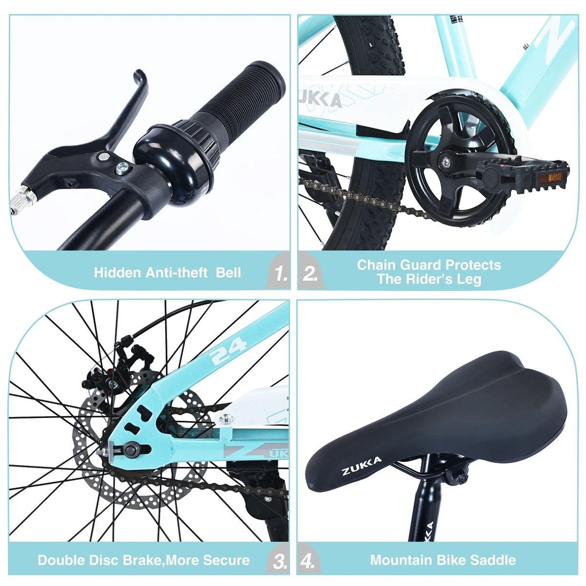 24 Inch Mountain Bike, Kids Mountain Bicycle with Front Suspension Fork and Double Disc Brake, Steel Frame Kids MTB Bike for Boys and Girls Age 9-12 Years, Cyan