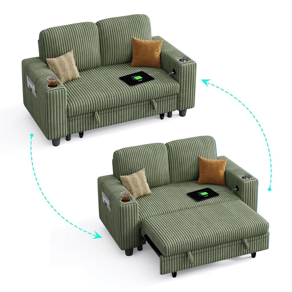 Linsy Home Plush Corduroy Pull Out Couch Chaise Lounge, Convertible Loveseat Sofa Couch With Usb & Cup Holder, Green