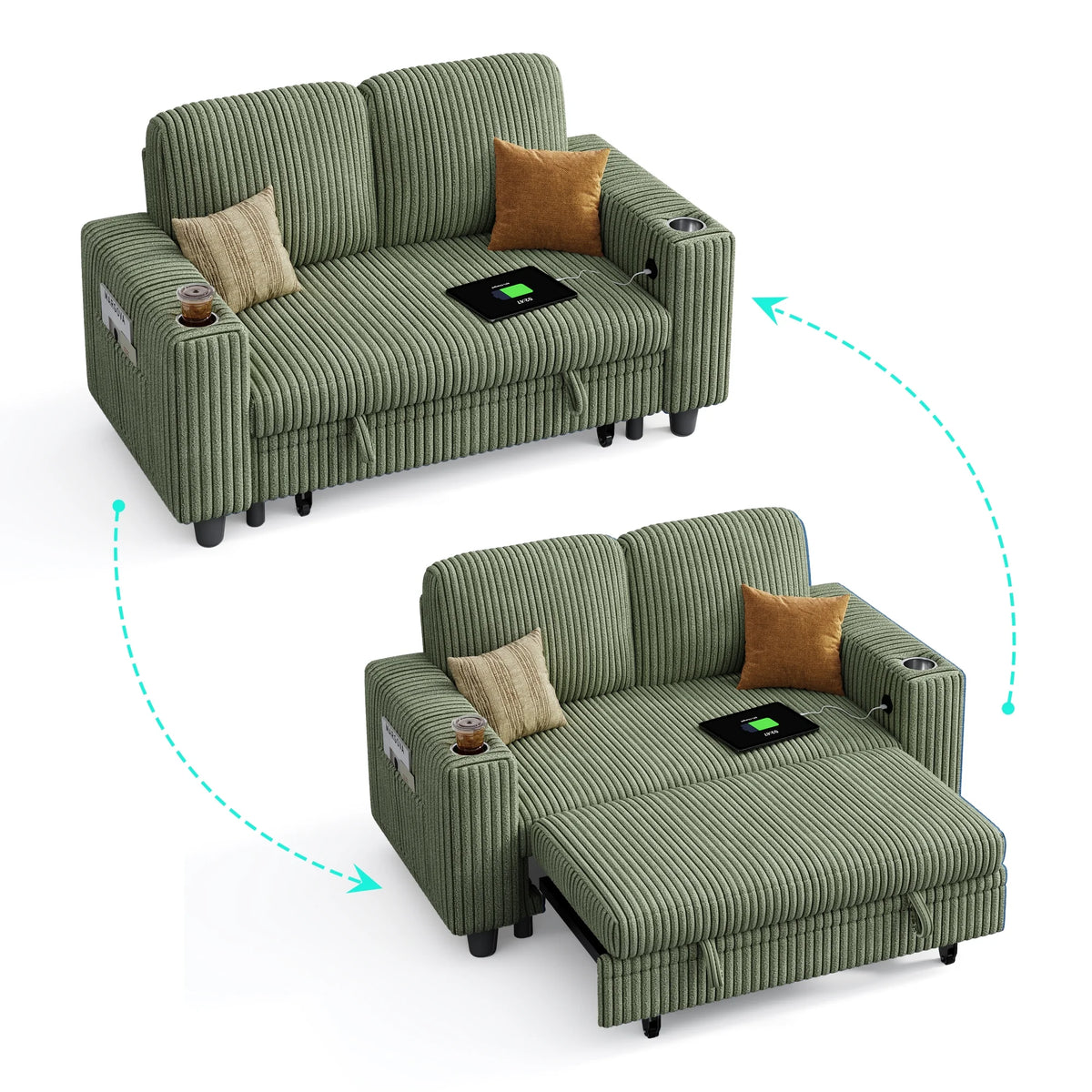 Linsy Home Plush Corduroy Pull Out Couch Chaise Lounge, Convertible Loveseat Sofa Couch With Usb & Cup Holder, Green